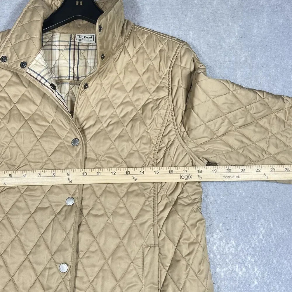 L.L.Bean Gold Quilted Jacket Women Small Tan Nova Check Plaid Lined Snap Button - Picture 4 of 9
